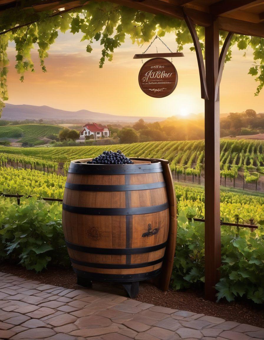 A beautifully designed winery landscape showcasing custom wine signage; wooden, rustic signs with elegant calligraphy, grapes hanging from lush vines, a vintage wine barrel in the foreground, and a serene sunset in the background. The overall mood should convey sophistication and charm, inviting viewers to experience the warmth of the winery. super-realistic. vibrant colors. soft focus.