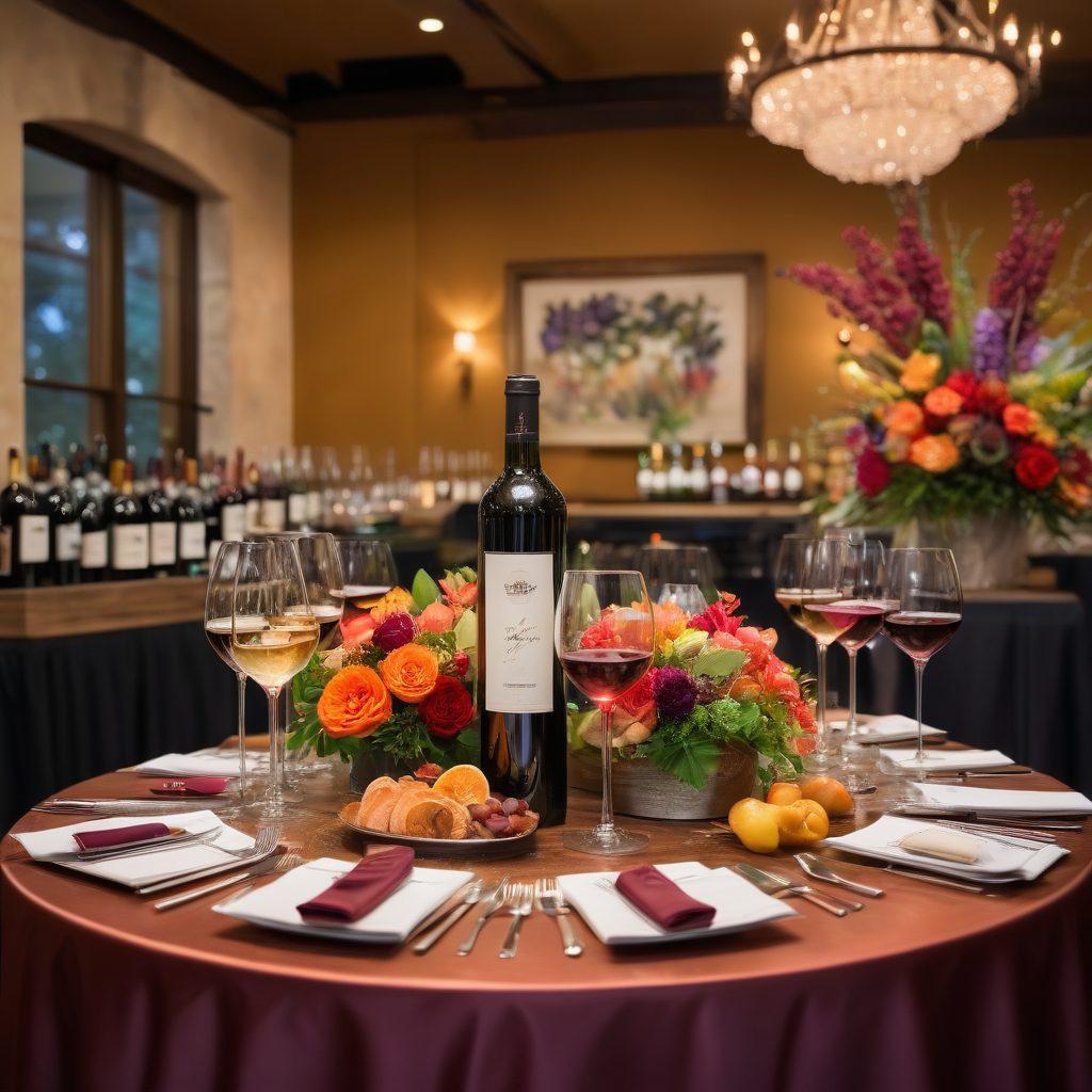 A vibrant tasting room showcasing an array of colorful wines and gourmet appetizers, with people engaged in an elegant event. The scene captures the joy of social gatherings with dynamic lighting and appealing decor, emphasizing the visual allure of marketing. Include elements like wine glasses, event signage, and exquisite floral arrangements. super-realistic. vibrant colors. inviting atmosphere.