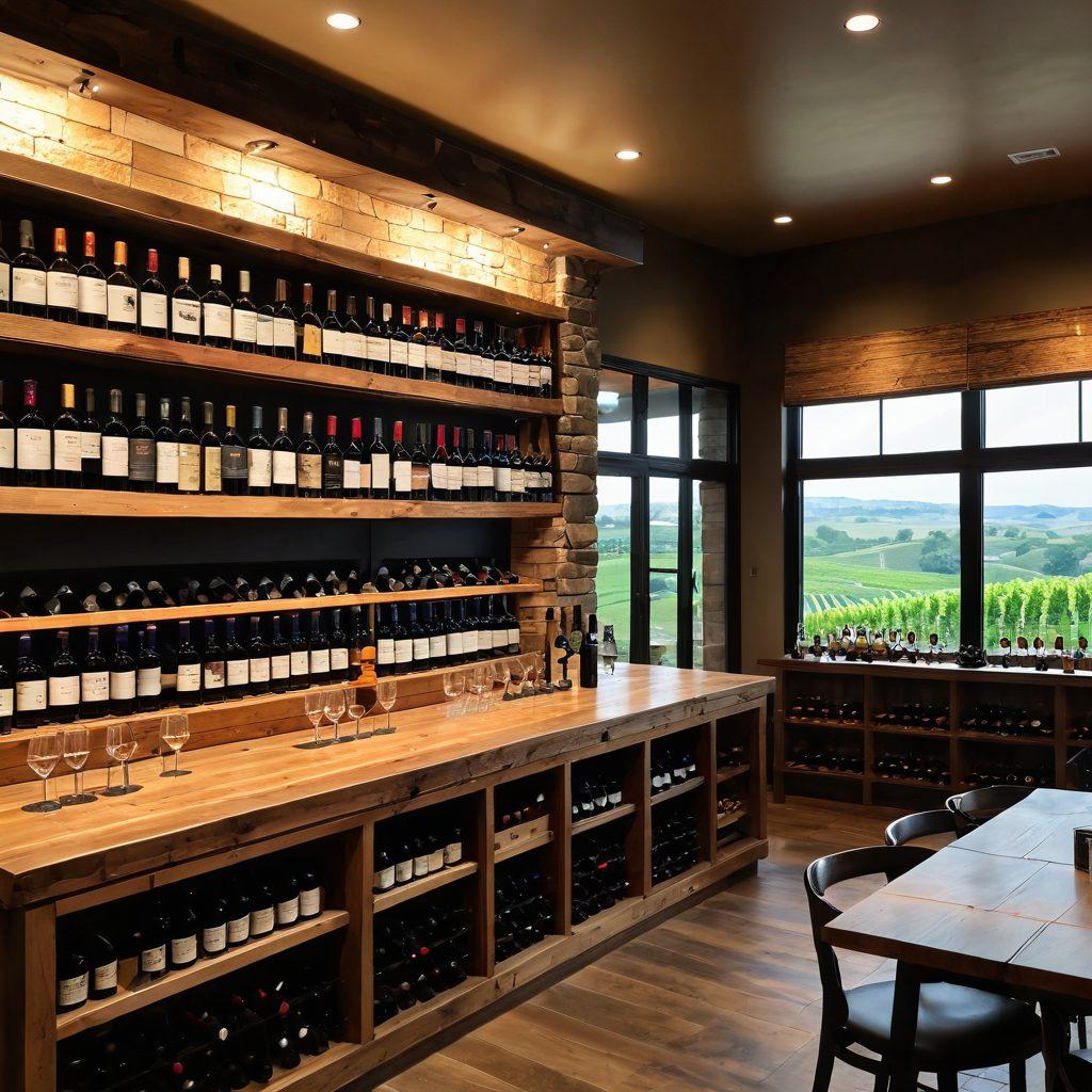 A beautifully designed wine shop showcasing elegant signage that reflects various wine brands. Incorporate artistic wine labels and logos hanging gracefully on rustic wooden shelves. Soft, warm lighting creates an inviting atmosphere, with a backdrop of vineyards outside the window. Include a couple of wine glasses and a bottle in the foreground, hinting at the tasting experience. super-realistic. vibrant colors. warm lighting.